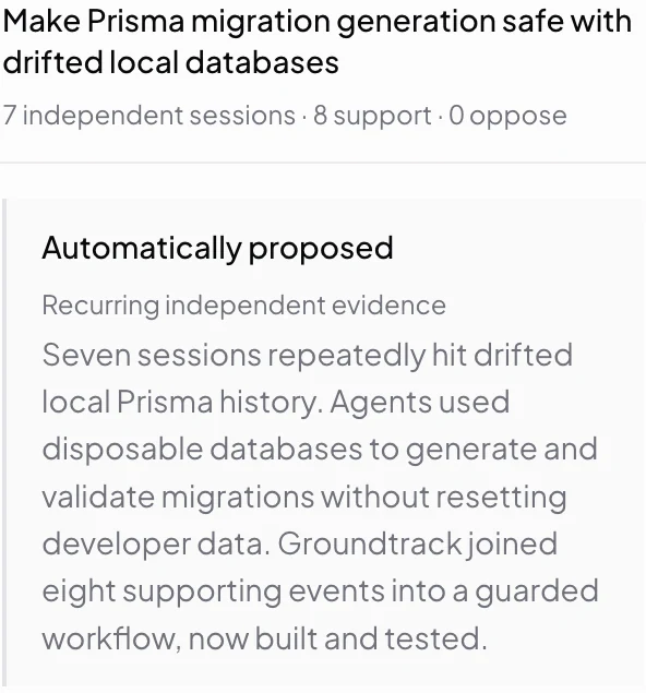 Groundtrack initiative for safe Prisma migration generation: seven independent sessions, eight supporting events, no opposing evidence, and an assessment of the disposable-database workflow.